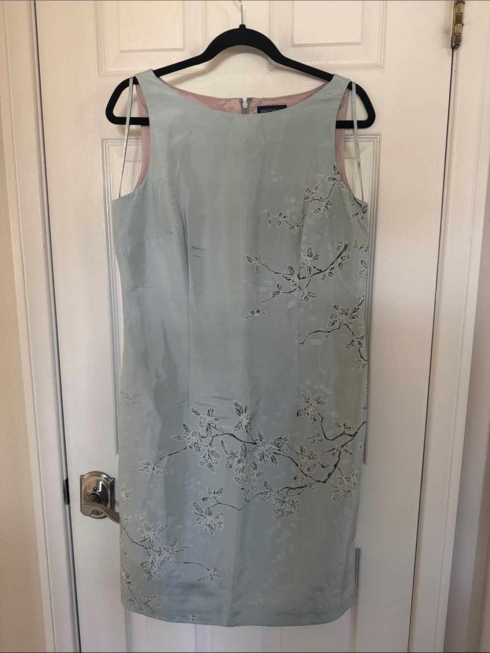 Ann Taylor Light Blue Floral Embroidered Shift Midi Dress with Pink Lining